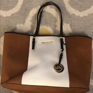 Medium Brown & White Leather Michael Kors Tote